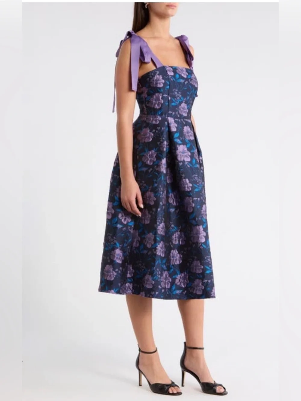 NWT Sugarlips Floral Jacquard Tie-Shoulder Pleated Midi Dress - Picture 2 of 15